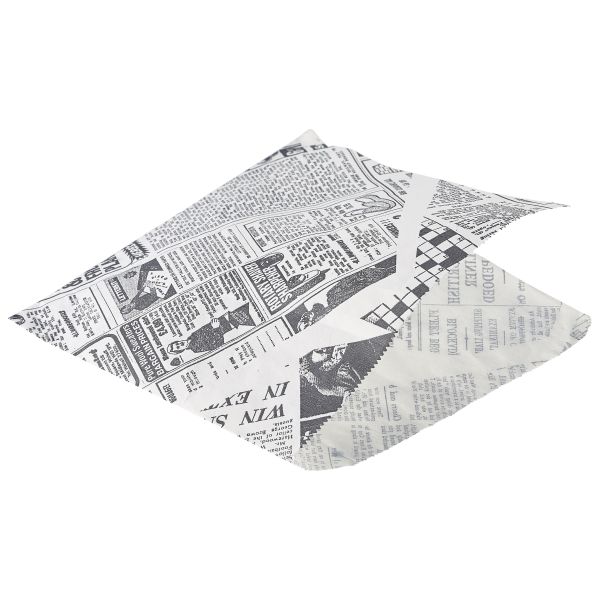 Greaseproof Paper Bags White Newspaper Print 17.5 x 17.5cm - PN1487PBG