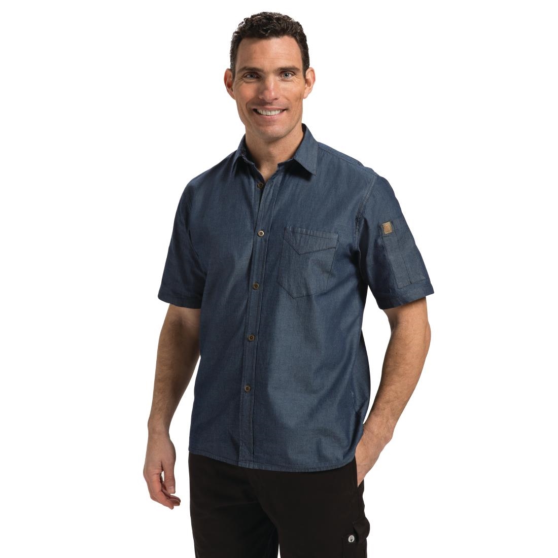 Chef Works Detroit Unisex Denim Shirt Short Sleeve Blue M